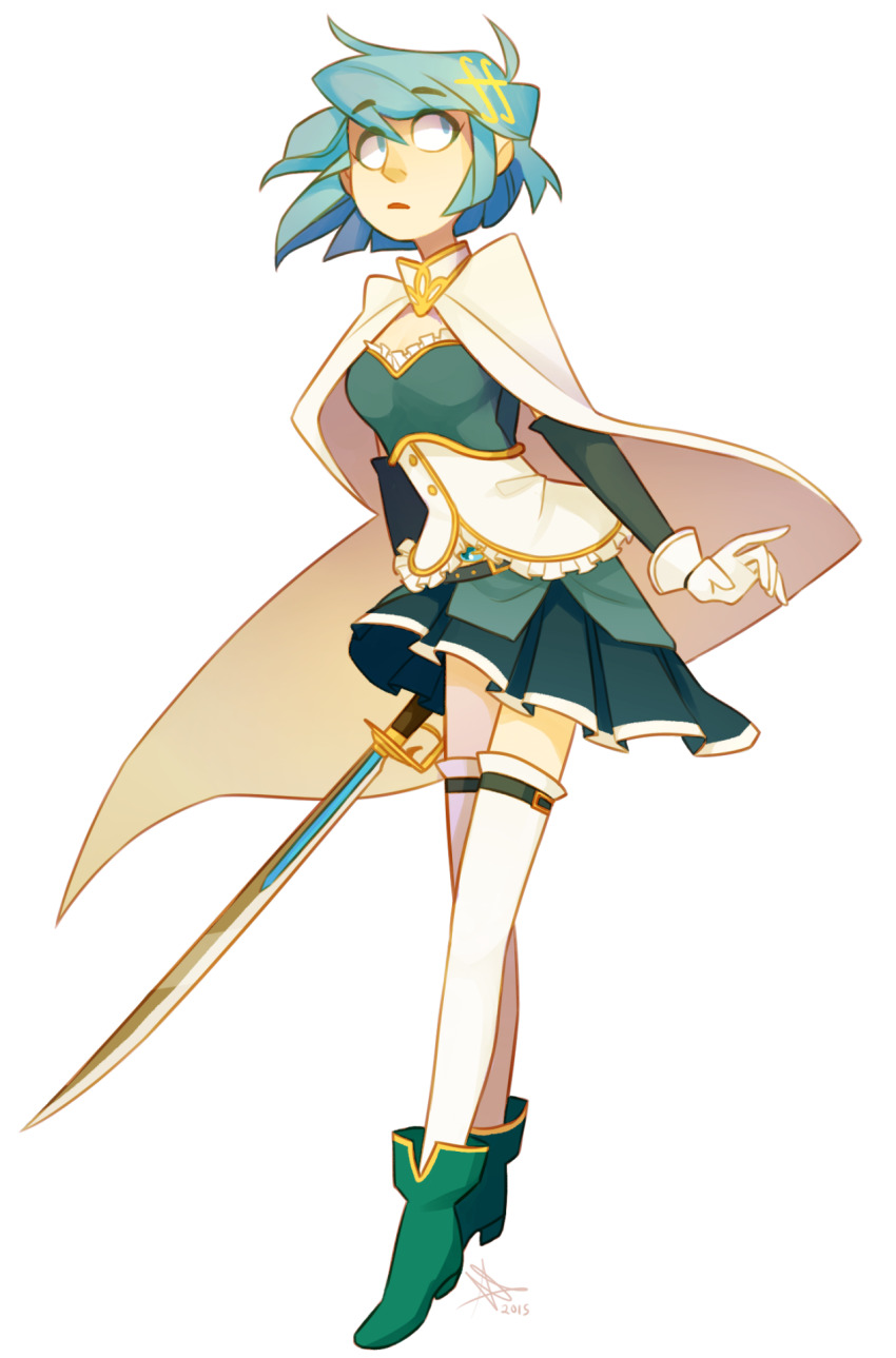 1girl, blue_footwear, blue_hair, blue_skirt, cape, commentary, dated, english_commentary, full_body, gloves, highres, holding, holding_sword, holding_weapon, itsscaredycat, looking_up, magical_girl, mahou_shoujo_madoka_magica, mahou_shoujo_madoka_magica_(anime), miki_sayaka, miki_sayaka_(magical_girl), pleated_skirt, short_hair, signature, simple_background, skirt, solo, soul_gem, standing, sword, thighhighs, weapon, white_background, white_cape, white_gloves, white_thighhighs