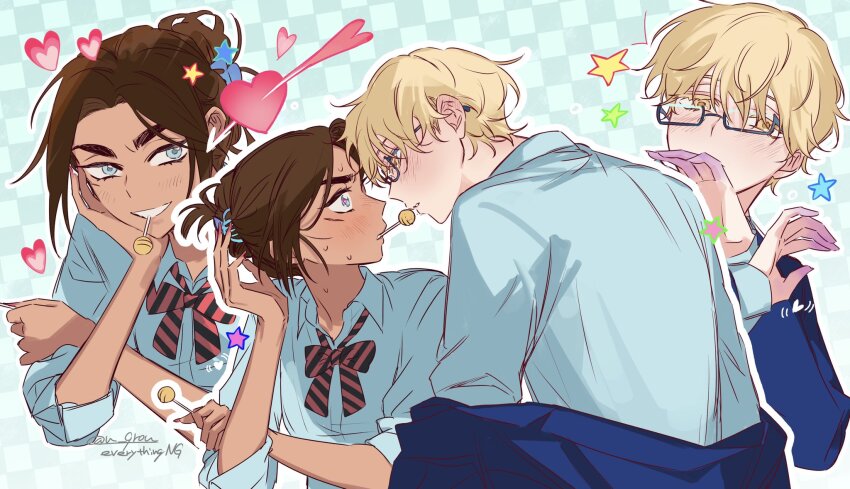 1boy, 1girl, alien_stage, arrow_through_heart, artist_name, blonde_hair, blue-framed_eyewear, blue_background