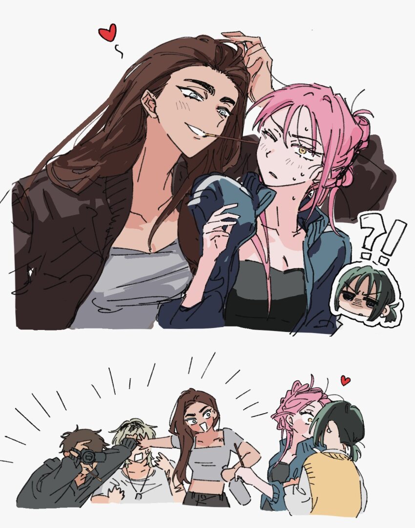 !?, 2boys, 3girls, alien_stage, black_hair, black_hoodie, black_jacket, black_shirt