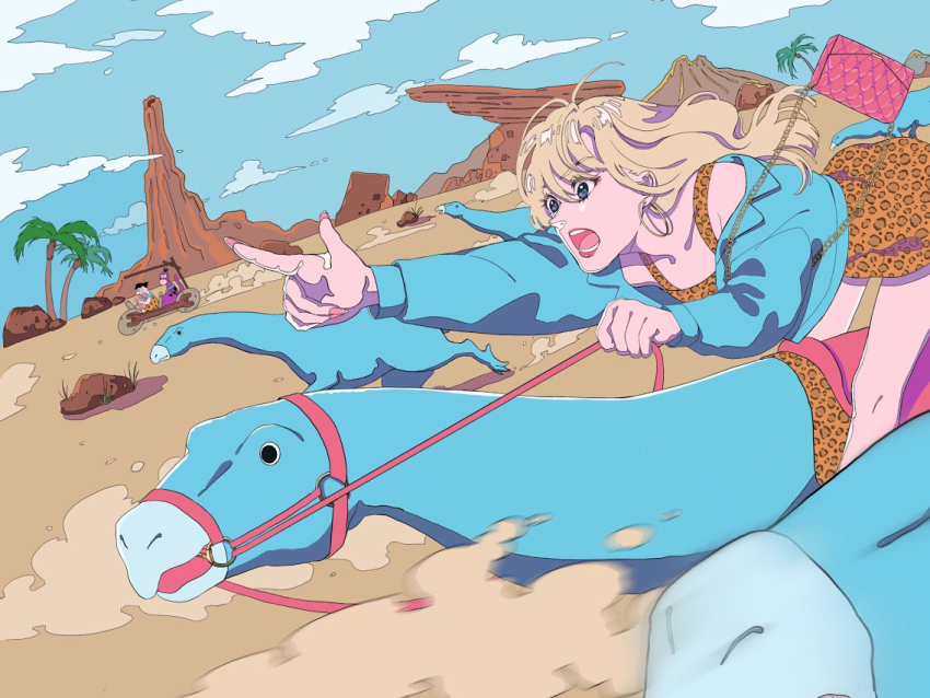 ahoge, animal_print, bag, blonde_hair, blue_eyes, blue_jacket, dinosaur, dinosaur_(gal_to_kyouryuu)