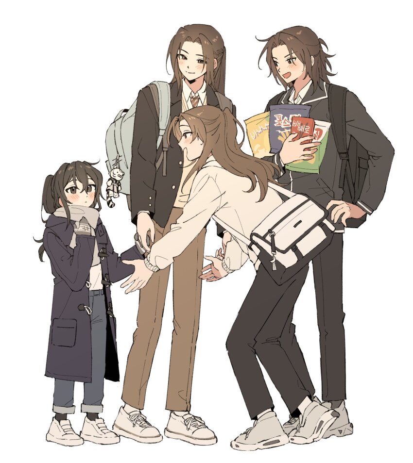 4boys, aged_down, backpack, baek_eon, bag, bent_over, bibi_(p_pp8888), black_coat, black_eyes, black_hair, black_jacket, black_pants, blue_pants, blush, box, brown_eyes, brown_hair, brown_pants, brown_vest, coat, collared_shirt, food, full_body, gloves, half_updo, high_ponytail, highres, holding, holding_food, holding_hands, hyo_wol, jacket, jinhongi, long_hair, long_sleeves, looking_up, multiple_boys, necktie, open_mouth, pants, ponytail, scarf, school_uniform, seol_young, shirt, shoes, shoulder_bag, smile, sneakers, song_ok, standing, stuffed_animal, stuffed_toy, sweater, vest, white_background, white_footwear, white_scarf, white_shirt, white_sweater