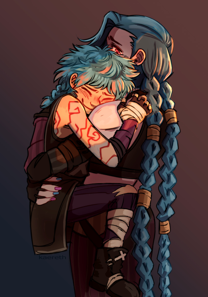 2girls, arcane:_league_of_legends, arcane_jinx, arm_tattoo, bare_shoulders, blue_hair, braid, child, closed_eyes, crop_top, fingerless_gloves, gloves, highres, hug, isha_(arcane), jinx_(league_of_legends), kaereth, league_of_legends, long_hair, multiple_girls, pink_eyes, short_hair, simple_background, smile, tattoo, twin_braids, twintails