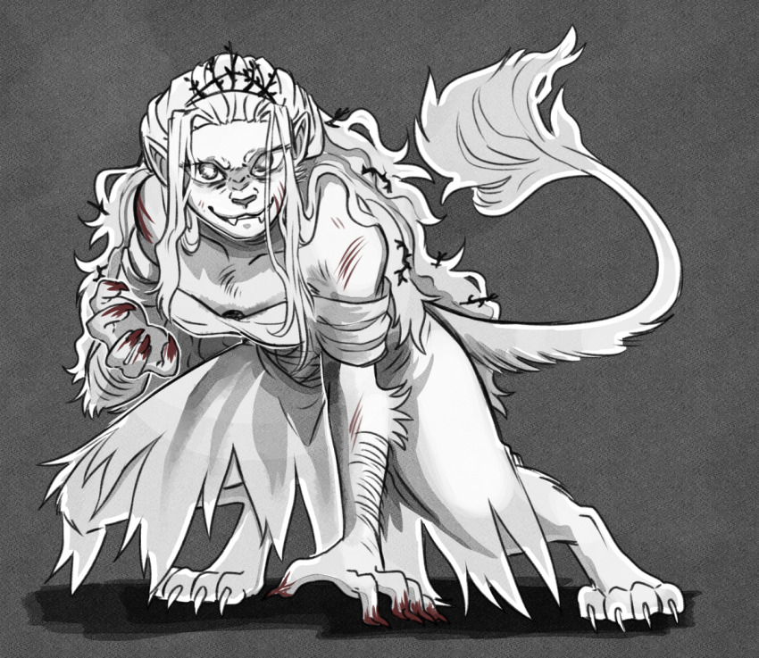 1girl, bleeding, blood, blood_on_hands, breasts, claws, cleavage, closed_mouth, dark_background, kaereth, long_hair, looking_at_viewer, monster_girl, monster_hands, pointy_ears, princess_(slay_the_princess), scratches, slay_the_princess, smile, tail, the_witch_(slay_the_princess), tiara, torn_clothes