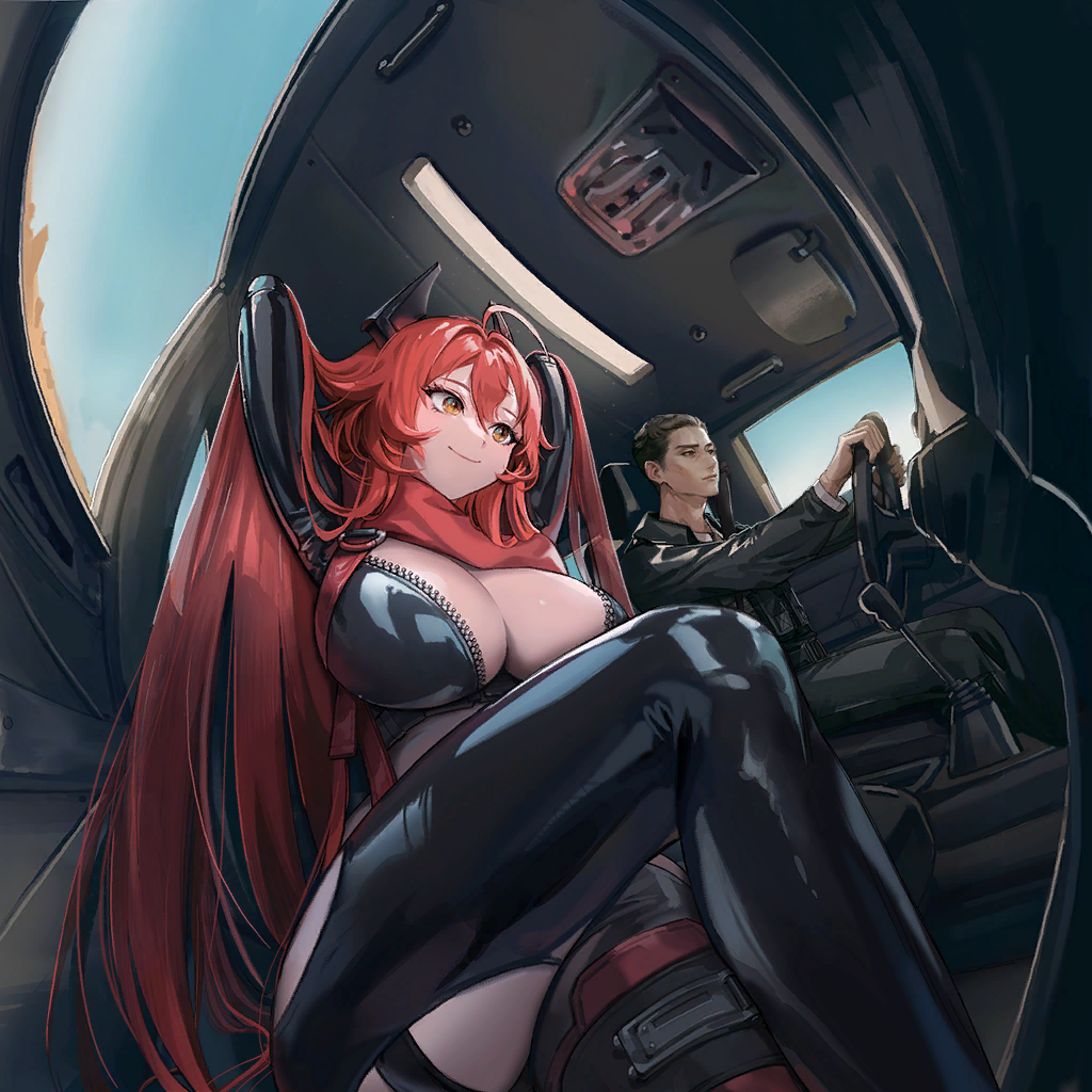 1boy, 1girl, antenna_hair, arm_support, black_horns, black_jacket, black_pants, breasts, center_opening, cleavage, clothing_cutout, cropped_jacket, game_cg, goddess_of_victory:_nikke, hair_between_eyes, holding, horns, jacket, large_breasts, latex, latex_jacket, leg_cutout, long_hair, looking_at_viewer, mechanical_horns, navel, off_shoulder, official_art, open_mouth, orange_eyes, oswald_(nikke), pants, red_hair, red_hood_(nikke), red_jacket, red_scarf, scarf, scope, sitting, spoilers, stomach, very_long_hair