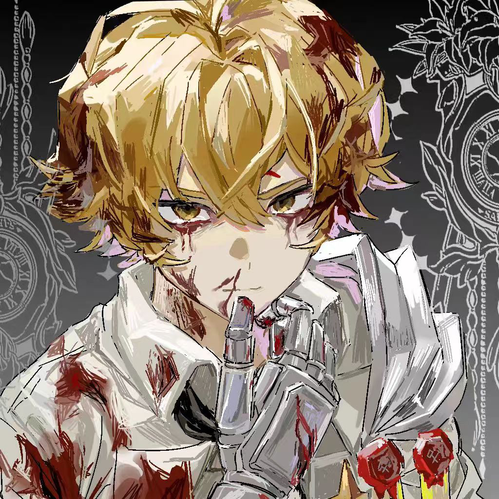 1boy, armor, blonde_hair, blood, blood_in_hair, blood_on_face, bloody_tears, collared_shirt, gauntlets, hand_up, limbus_company, looking_at_viewer, n_corp._fanatic_(identity)_(project_moon), no_name_no, nosebleed, pauldrons, project_moon, shirt, shoulder_armor, sinclair_(project_moon), single_pauldron, solo, talisman, upper_body, wax_seal, white_shirt, yellow_eyes