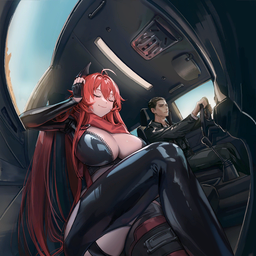 1boy, 1girl, antenna_hair, arm_support, black_horns, black_jacket, black_pants, breasts