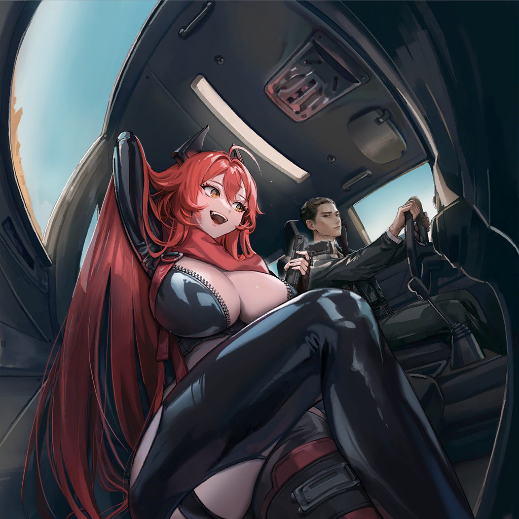 1boy, 1girl, antenna_hair, anti-materiel_rifle, arm_support, black_horns, black_jacket, black_pants, breasts, bullpup, center_opening, cleavage, clothing_cutout, cropped_jacket, game_cg, goddess_of_victory:_nikke, gun, hair_between_eyes, holding, holding_gun, holding_weapon, horns, jacket, large_breasts, latex, latex_jacket, leg_cutout, long_hair, looking_at_viewer, mechanical_horns, navel, off_shoulder, official_art, open_mouth, orange_eyes, oswald_(nikke), pants, red_hair, red_hood_(nikke), red_jacket, red_scarf, rifle, scarf, scope, sitting, smile, sniper_rifle, spoilers, stomach, very_long_hair, weapon