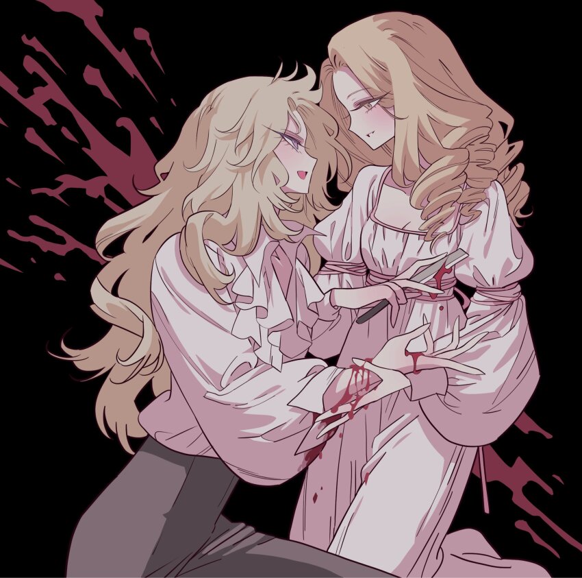 2girls, asaka_rei, black_background, black_pants, bleeding, blonde_hair, blood, blood_on_clothes, blood_on_hands, blood_splatter, breasts, cleavage, collared_shirt, commentary_request, cowboy_shot, cuts, dress, drill_hair, highres, holding, holding_razor, ichinomiya_fukiko, injury, long_hair, long_sleeves, looking_at_another, meremero, multiple_girls, oniisama_e..., open_mouth, pants, profile, puffy_short_sleeves, puffy_sleeves, razor, shirt, short_sleeves, smile, standing, white_dress, white_shirt