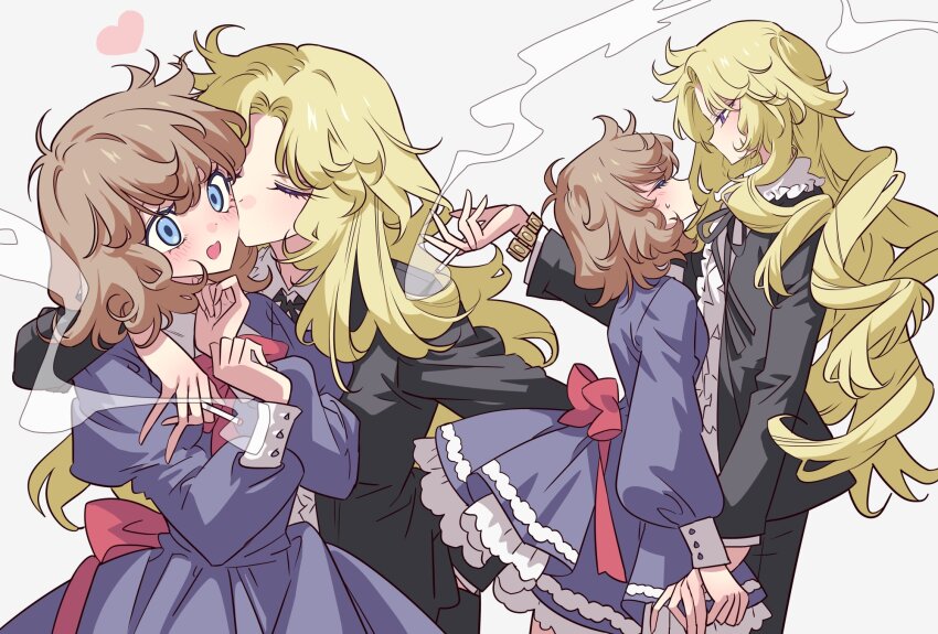 2girls, asaka_rei, black_jacket, black_ribbon, blonde_hair, blue_dress, blue_eyes, blush, brown_hair, cigarette, closed_eyes, commentary_request, dress, embarrassed, frilled_dress, frills, height_difference, highres, holding, holding_cigarette, jacket, juliet_sleeves, kiss, kissing_cheek, long_hair, long_sleeves, looking_at_another, meremero, misonoo_nanako, multiple_girls, multiple_views, neck_ribbon, oniisama_e..., open_mouth, parted_bangs, profile, puffy_sleeves, ribbon, shirt, short_hair, smile, smoke, smoking, standing, white_shirt, yuri
