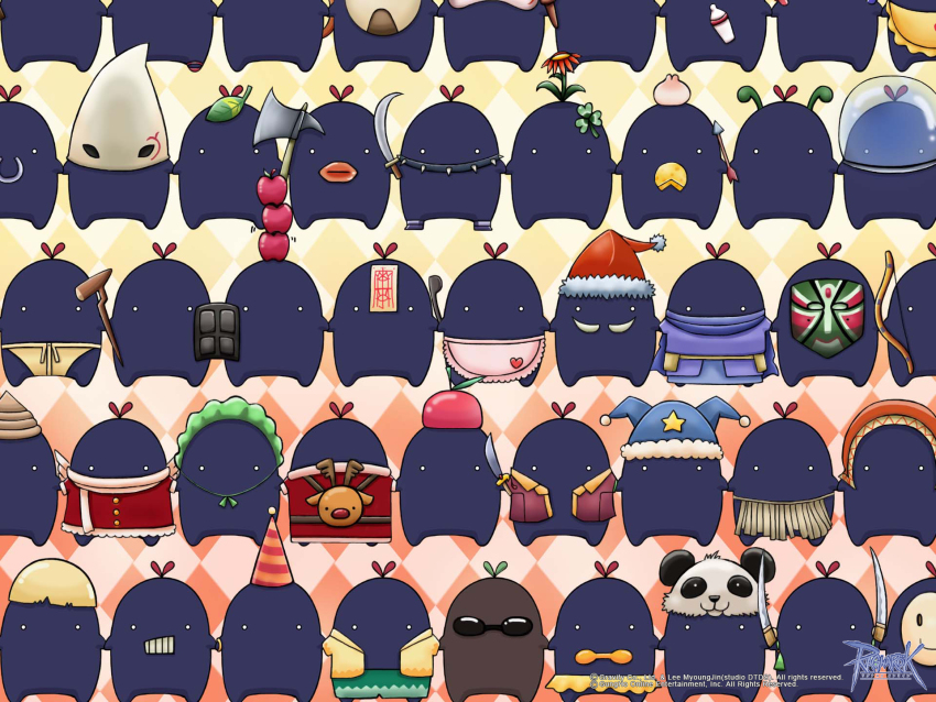 apple, apple_on_head, axe, steamed_bun, bottle, bow_(weapon), brown_shirt, buttons, character_request, checkered_background, cheese, copyright_notice, dual_wielding, eggshell_hat, food, food_on_face, fruit, full_body, guest_art, hat, helmet, highres, holding, holding_axe, holding_bow_(weapon), holding_shield, holding_staff, holding_sword, holding_weapon, k@ao, leaf, leaf_on_head, logo, looking_at_viewer, maid_headdress, mask, masked, milk_bottle, no_humans, official_art, official_wallpaper, panda_hat, party_hat, poop_on_head, ragnarok_online, shield, shirt, space_helmet, staff, sword, weapon, white_hood