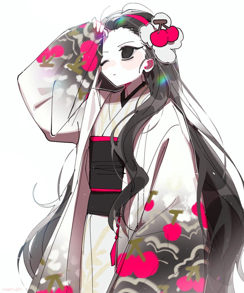 1girl, aeng-du_(project_moon), arm_up, black_eyes, black_hair, black_sash, commission, hairband, japanese_clothes, kimono, limbus_company, long_hair, mansang, obi, project_moon, red_hairband, sash, second-party_source, sidelocks, simple_background, solo, very_long_hair, wavy_hair, white_background, white_kimono, wide_sleeves