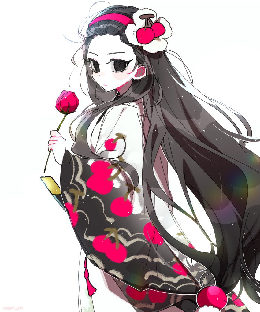 1girl, aeng-du_(project_moon), black_eyes, black_hair, closed_mouth, commission, hairband, japanese_clothes, kimono, limbus_company, long_hair, looking_at_viewer, mansang, project_moon, red_hairband, second-party_source, simple_background, solo, very_long_hair, white_background, white_kimono, wide_sleeves