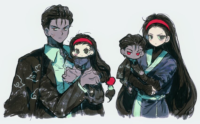 2boys, 2girls, aeng-du_(project_moon), aged_down, anzekeye, black_coat, black_eyes, black_hair