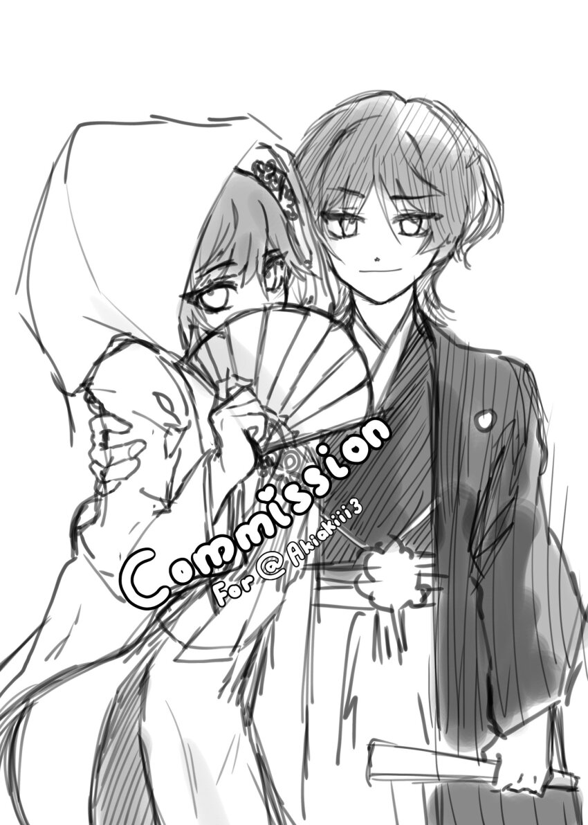 1boy, 1girl, alternate_costume, arm_at_side, blunt_bangs, bridal_veil, chinese_knot, commission