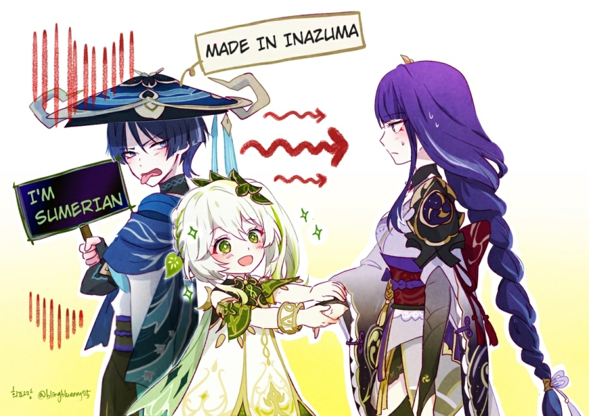 1boy, 2girls, animal_print, arm_at_side, armlet, back-to-back, belt, bird_print