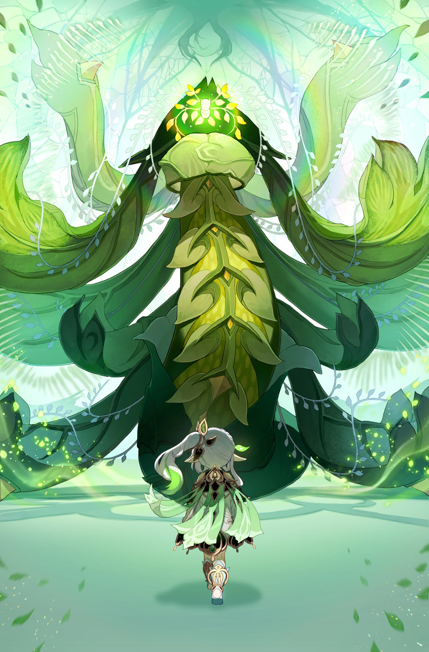 1girl, absurdres, braid, cape, dress, faceoff, genshin_impact, glowing, gold_trim, gradient_hair, green_cape, green_hair, guardian_of_apep's_oasis_(genshin_impact), hair_ornament, half_crown_braid, highres, leaf, leaf_hair_ornament, maigogo05, monster, multicolored_hair, nahida_(genshin_impact), plant, pointy_ears, side_ponytail, sidelocks, stirrup_legwear, toeless_footwear, toeless_legwear, vines, white_dress, white_hair