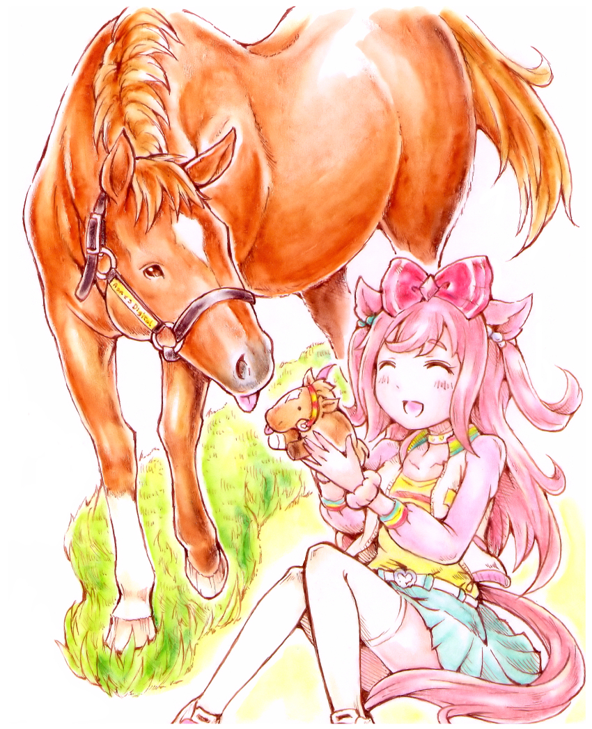 1girl, absurdres, agnes_digital_(racehorse), agnes_digital_(umamusume), animal_ears, aqua_skirt, bow, casual