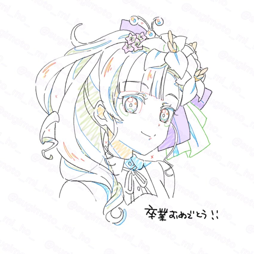 1girl, alternate_hairstyle, commentary, flower, hair_flower, hair_ornament, hair_ribbon, heanna_sumire