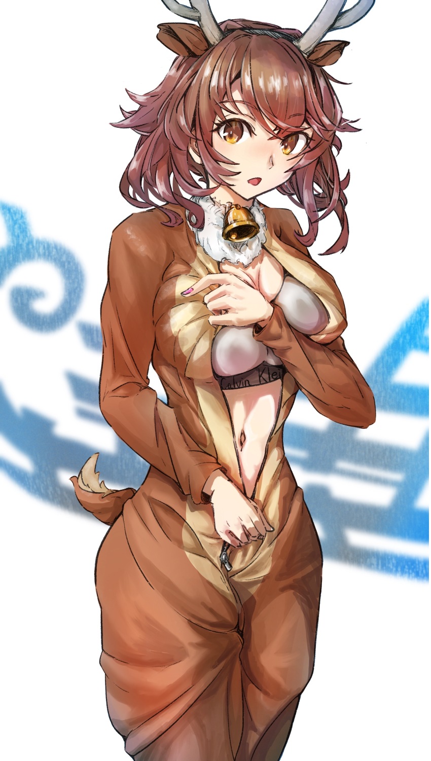 1girl, absurdres, alternate_costume, animal_costume, animal_ears, antlers, bell, bra