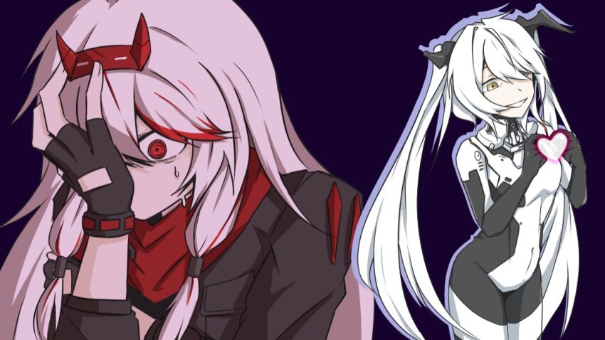 2girls, alpha_(pgr), black_bodysuit, black_gloves, black_horns, bodysuit, broken_horn, covered_navel