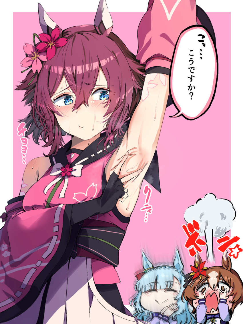 3girls, animal_ears, arm_up, armpit_focus, armpits, blue_hair, blush, breasts