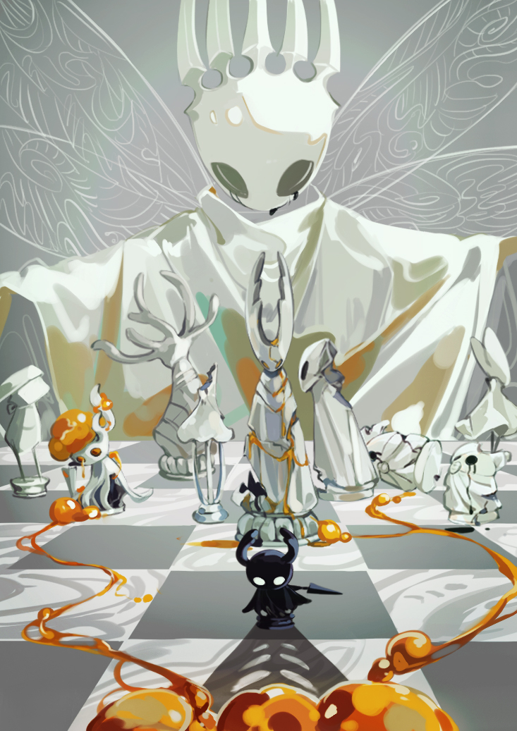 black_cloak, black_eyes, blank_eyes, blankowalski, board_game, broken_vessel_(hollow_knight), checkered_floor, chess