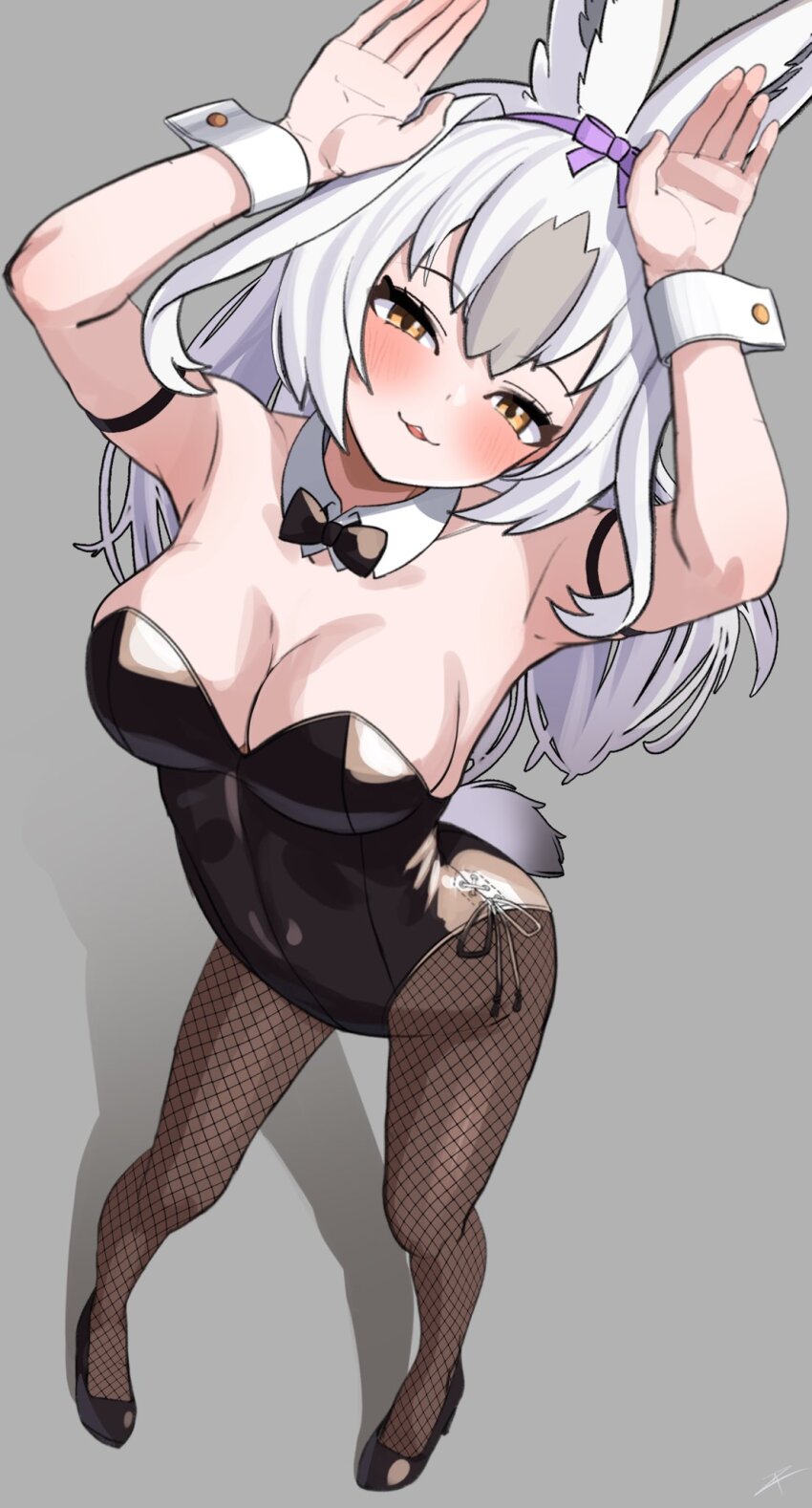 1girl, :3, animal_ear_fluff, animal_ears, armpits, arms_up, bare_arms, bare_shoulders, black_bow, black_bowtie, black_leotard, black_shoes, blush, bow, bowtie, breasts, cleavage, commentary, deku_suke, detached_collar, fishnet_pantyhose, fishnets, full_body, grey_background, grey_hair, head_tilt, highres, kemono_friends, leotard, long_hair, looking_at_viewer, medium_breasts, mini_bowtie, multicolored_hair, pantyhose, parted_lips, playboy_bunny, rabbit_ears, rabbit_girl, rabbit_pose, rabbit_tail, shoes, side-tie_leotard, simple_background, smile, snowshoe_hare_(kemono_friends), solo, standing, strapless, strapless_leotard, untranslatable_commentary, tail, two-tone_hair, white_hair, wrist_cuffs, yellow_eyes