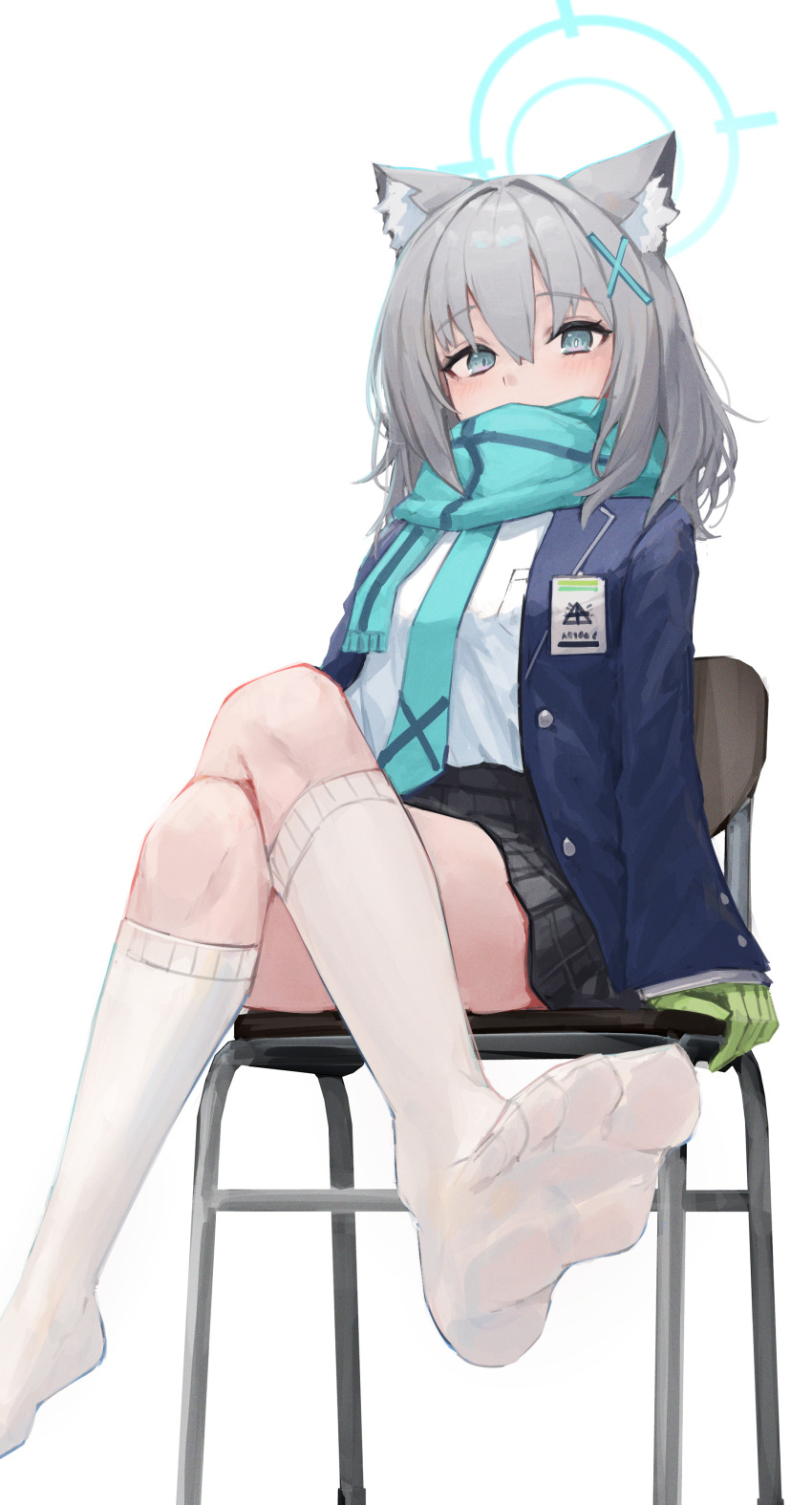 1girl, absurdres, animal_ear_fluff, animal_ears, black_skirt, blazer, blue_archive, blue_halo, blue_jacket, blue_necktie, blue_scarf, blush, chair, cross_hair_ornament, crossed_legs, feet, foot_focus, gabang, grey_hair, hair_ornament, halo, highres, jacket, kneehighs, necktie, no_shoes, on_chair, open_clothes, open_jacket, scarf, shiroko_(blue_archive), shirt, simple_background, sitting, skirt, sleeves_past_wrists, socks, solo, white_background, white_shirt, white_socks, wolf_ears