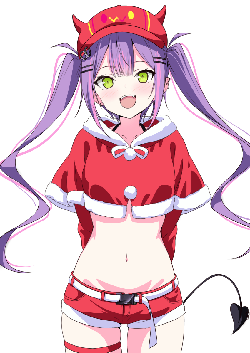 1girl, absurdres, alternate_costume, bibi_(tokoyami_towa), breasts, capelet, commentary, ear_piercing, fur-trimmed_capelet, fur_trim, green_eyes, hair_ornament, hairpin, highres, hololive, kishishi_(kishiman-ya), long_hair, looking_at_viewer, multicolored_hair, navel, open_mouth, piercing, pink_hair, purple_hair, red_cat, red_shorts, santa_costume, shorts, small_breasts, streaked_hair, tail, tail_ornament, tail_piercing, teeth, thigh_strap, tokoyami_towa, twintails, upper_teeth_only, very_long_hair, virtual_youtuber, white_background