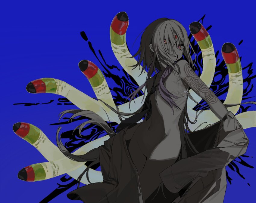 blue_background, clothes_down, collarbone, colored_skin, convenient_censoring, convenient_neckwear, dress_shirt, feet_out_of_frame