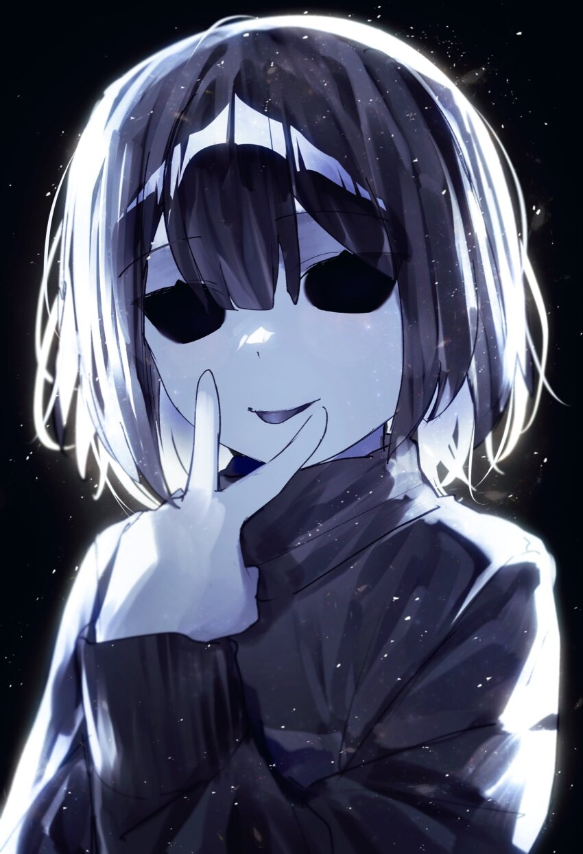 1other, alternate_universe, backlighting, black_background, black_sweater, bob_cut, center-flap_bangs, colored_skin