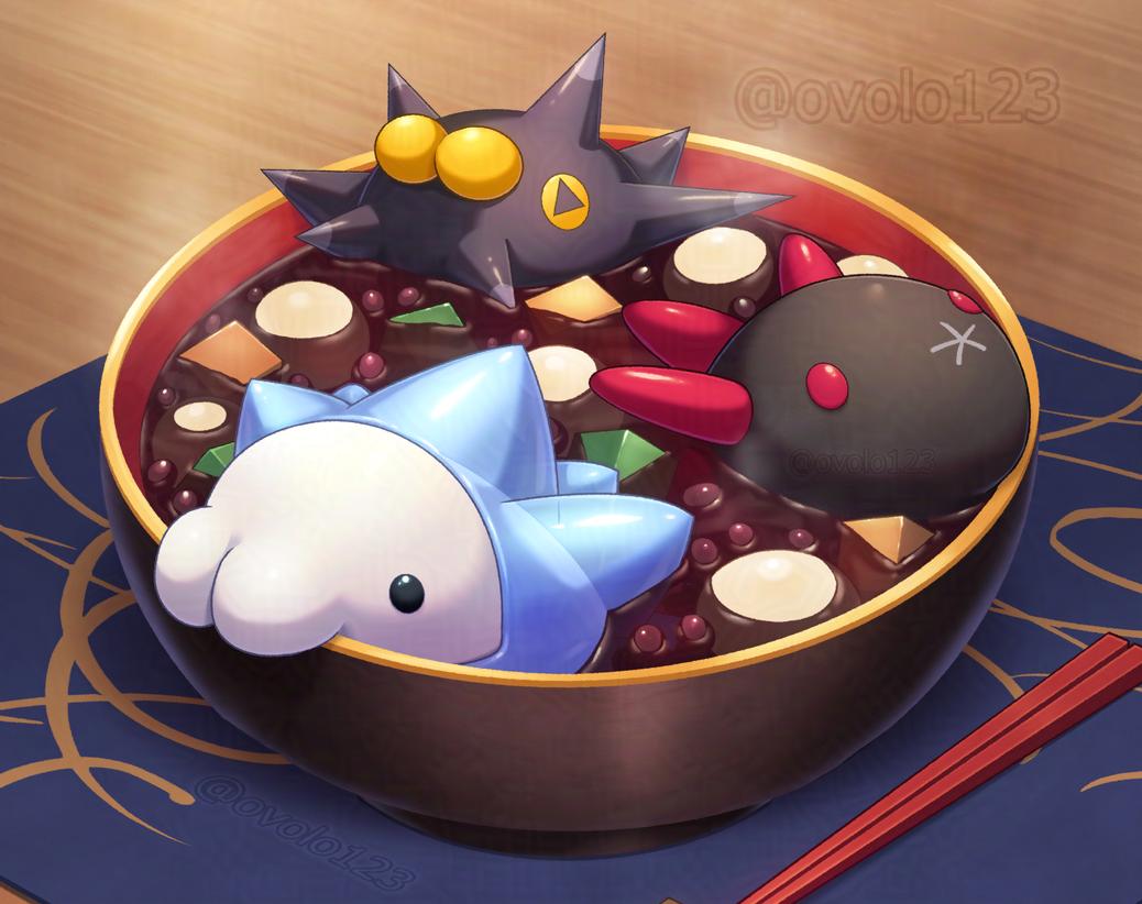 adzuki_bean, artist_name, chopsticks, commentary_request, food, food_focus, gen_7_pokemon, gen_8_pokemon