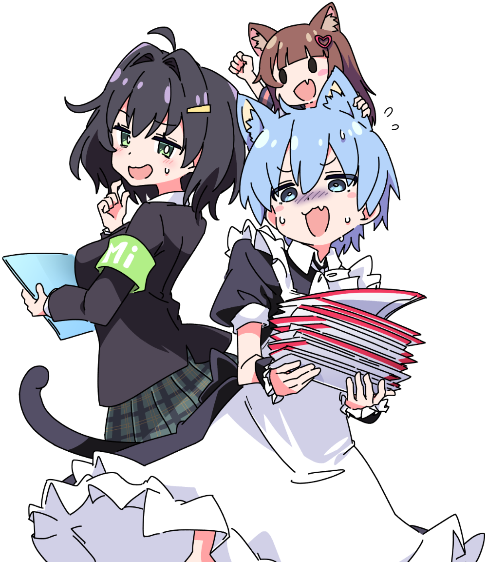 1boy, 2girls, :d, ahoge, ai-chan_(misskey.io), animal_ear_fluff, animal_ears, apron