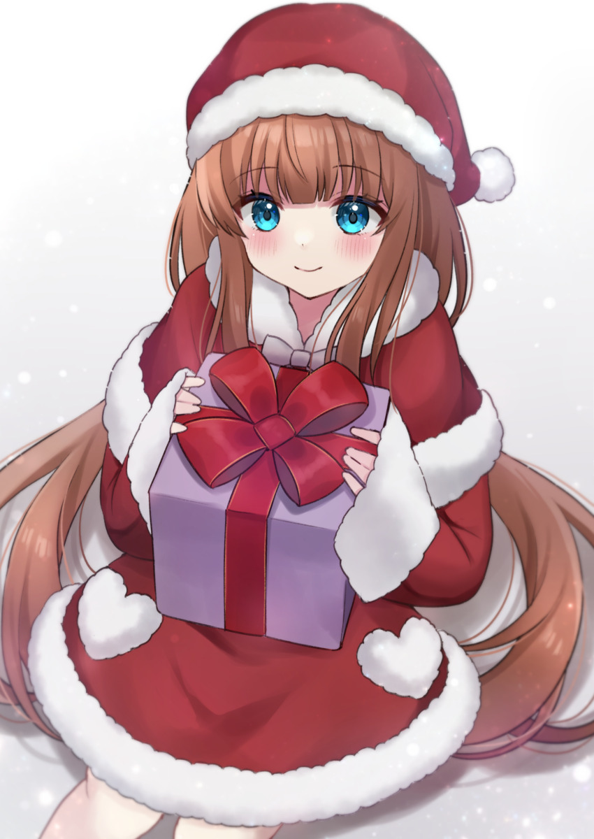1girl, absurdres, blue_eyes, blush, box, brown_hair, capelet, closed_mouth