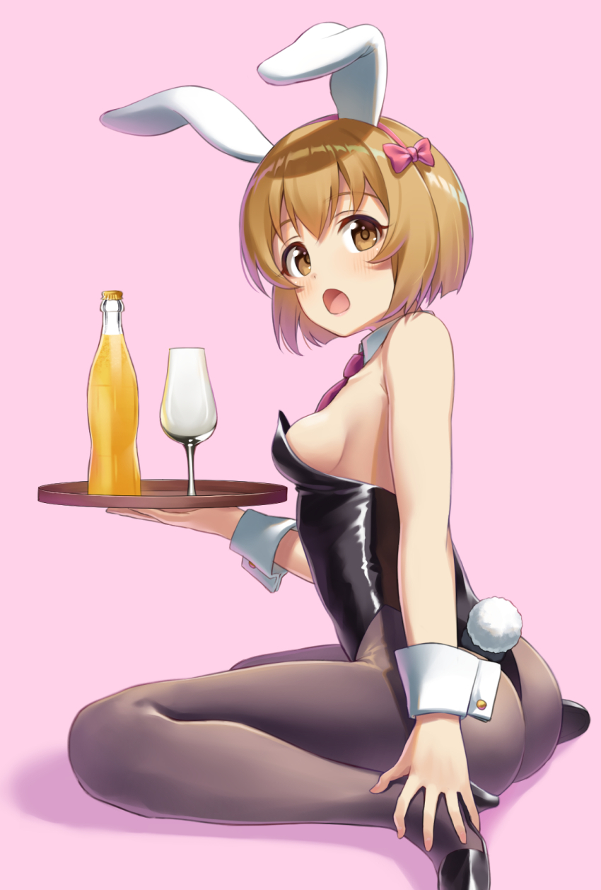 1girl, :o, alternate_costume, animal_ear_hairband, animal_ears, ass, black_footwear, black_leotard, black_pantyhose, blush, bottle, bow_hairband, breasts, brown_hair, fake_animal_ears, fake_tail, full_body, hairband, highres, idolmaster, idolmaster_cinderella_girls, koga_koharu, leotard, looking_to_the_side, pantyhose, playboy_bunny, rabbit_ear_hairband, rabbit_ears, rabbit_tail, shiraha_(shiraha_0129), short_hair, sideboob, sitting, small_breasts, solo, strapless, strapless_leotard, tail, wariza, wrist_cuffs