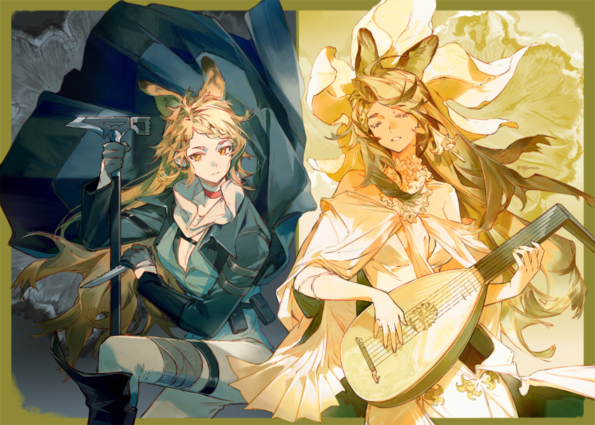 1girl, animal_ears, arknights, bandaged_leg, bandages, bare_shoulders, blonde_hair, choker