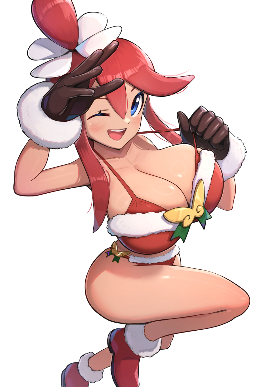 absurdres, bikini, blue_eyes, breasts, christmas, gonzarez, highres, large_breasts, nintendo, one_eye_closed, pokemon, pokemon_masters_ex, red_eyes, santa_bikini, santa_costume, skyla_(holiday_2020)_(pokemon), skyla_(pokemon), strap_pull, swimsuit, swimsuit_cover-up