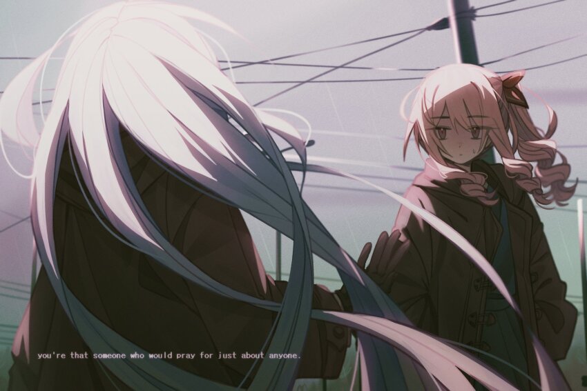 1girl, 1other, akiyama_mizuki, black_coat, black_gloves, black_skirt, blue_hair, bow