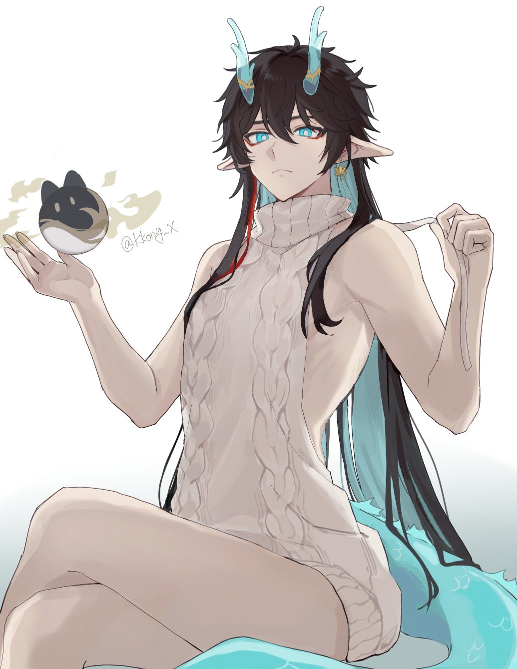 1boy, :<, ahoge, aqua_eyes, aqua_hair, aqua_horns, aqua_tail, aran_sweater