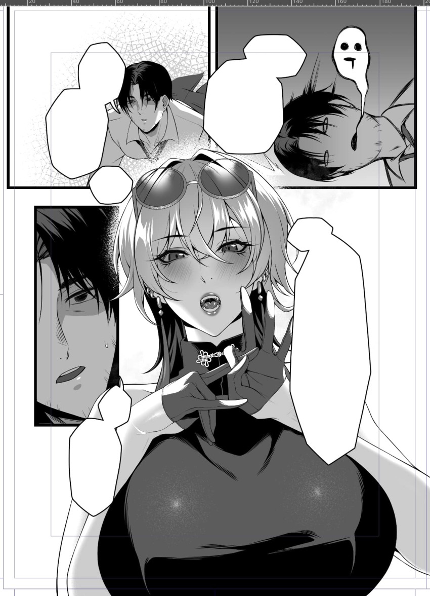 1boy, 1girl, blush, breasts, cero_rains, eyewear_on_head, from_below, gloves