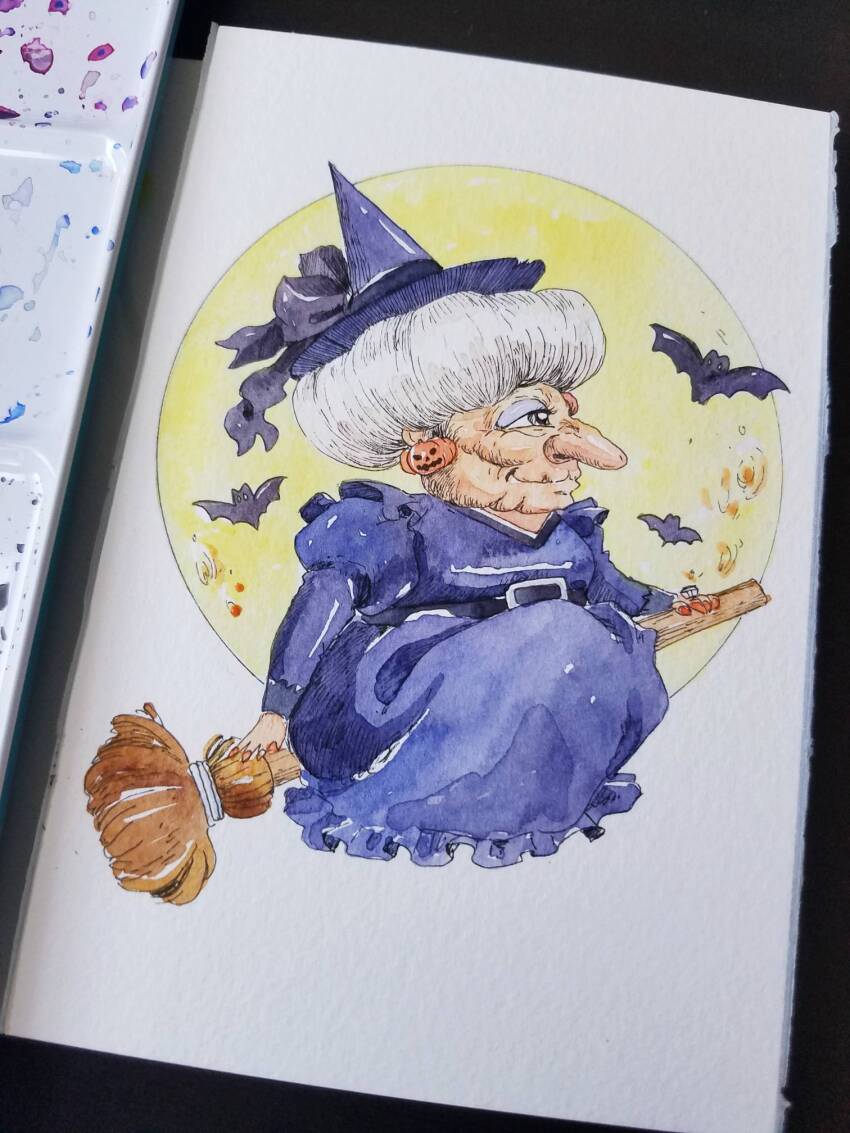 1girl, bat_(animal), belt, broom, broom_riding, closed_mouth, commentary, earrings