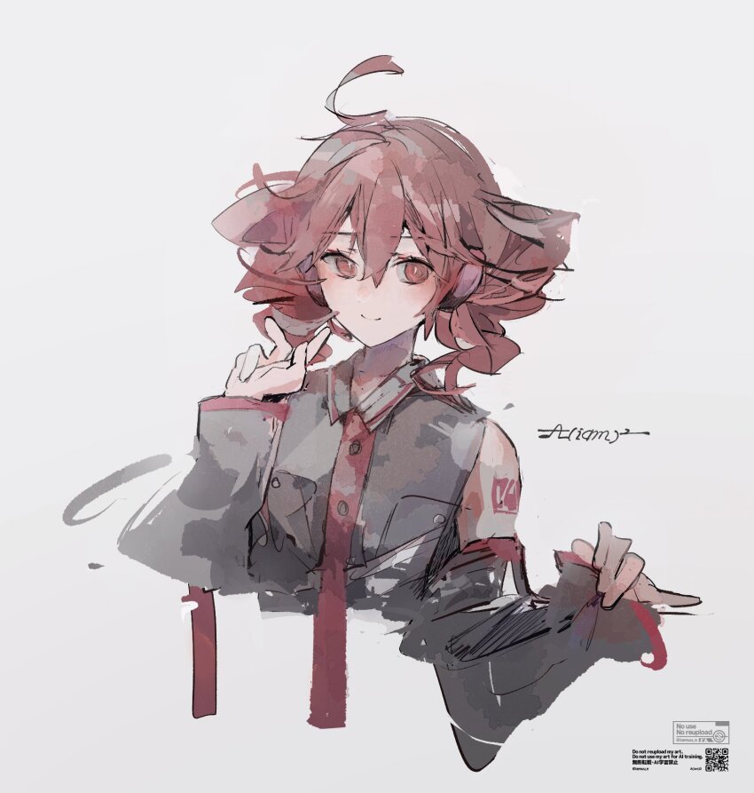 1girl, ahoge, aiamu_iamu, arm_tattoo, black_shirt, black_sleeves, breast_pocket, buttons