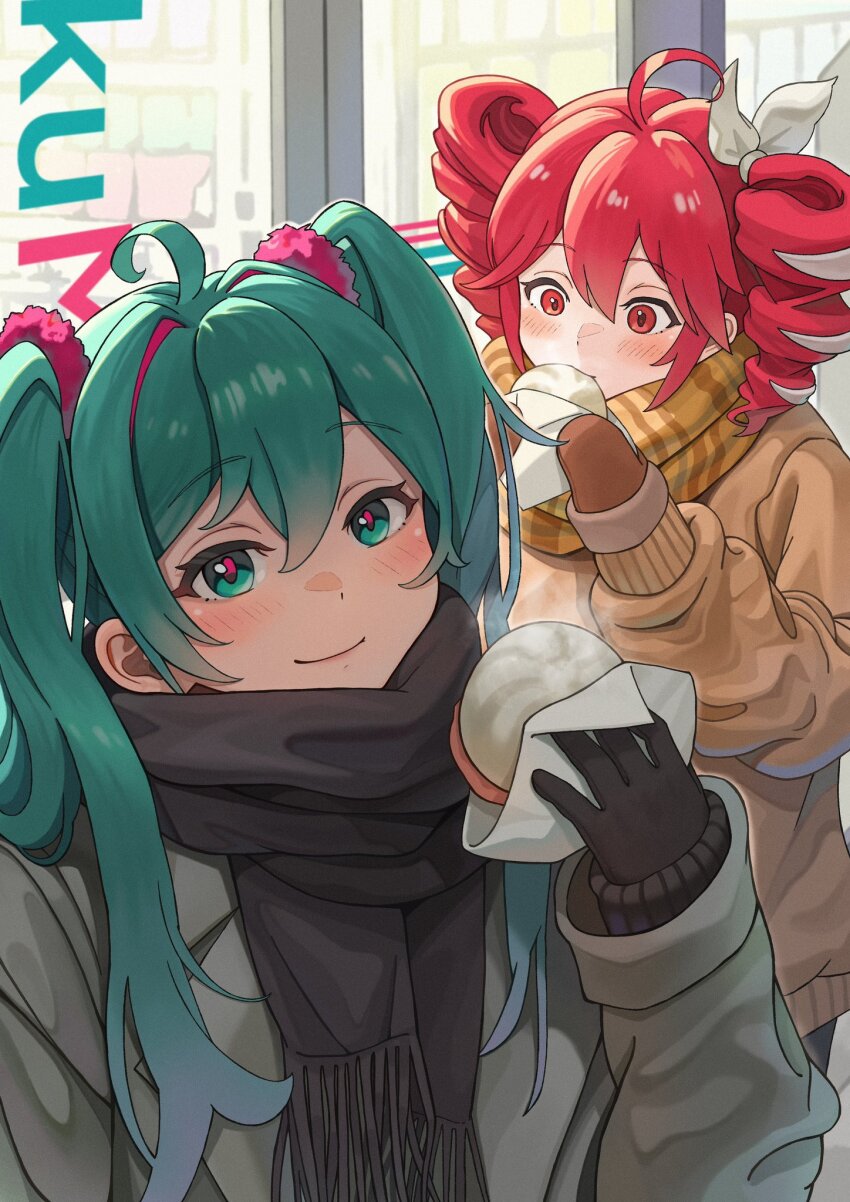 2girls, ahoge, alternate_costume, anchannnnnn, steamed_bun, black_scarf, blue_eyes, blue_hair, blush, bow, brown_scarf, brown_sweater, closed_mouth, drill_hair, eating, flat_chest, food, gloves, hair_between_eyes, hair_bow, hair_ribbon, hatsune_miku, highres, kasane_teto, kasane_teto_(sv), multiple_girls, outdoors, red_eyes, red_hair, ribbon, scarf, shopping, smile, supermarket, sweater, synthesizer_v, twin_drills, twintails, utau, vocaloid, white_bow, white_ribbon, winter_gloves
