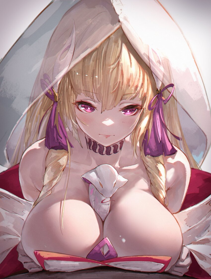 1girl, absurdres, bare_shoulders, between_breasts, blonde_hair, breasts, closed_mouth, granblue_fantasy, hair_ribbon, highres, indala_(granblue_fantasy), japanese_clothes, kimono, large_breasts, long_hair, looking_at_viewer, off_shoulder, purple_eyes, purple_ribbon, revision, ribbon, shiro_(granblue_fantasy), snake, solo, wataboushi, white_kimono, yu_pian