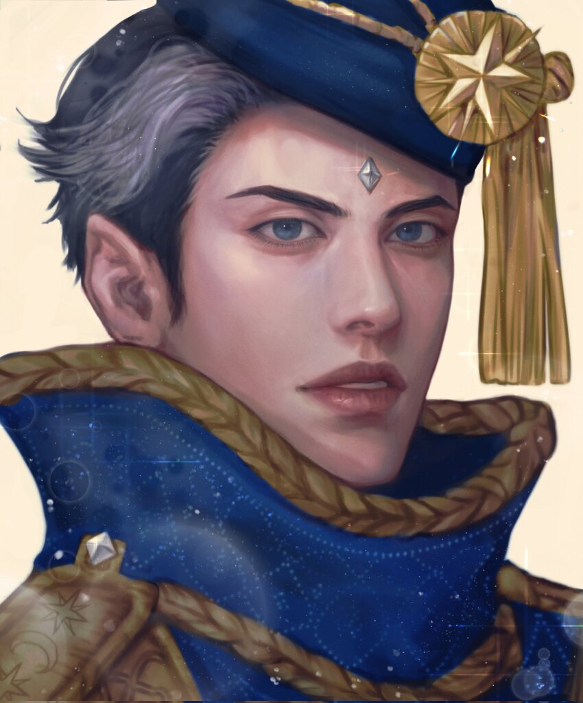 1boy, black_hair, blue_eyes, blue_jacket, close-up, commentary_request, facial_mark, glacier_(sugar_sugar_rune)