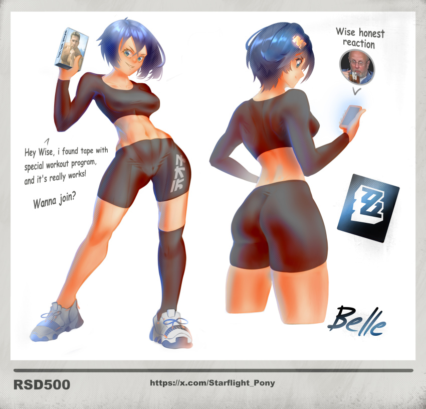 abs, absurdres, alternate_costume, ass, ass_focus, belle_(zenless_zone_zero), billy_herrington, breasts, cameltoe, english_text, from_behind, full_body, hair_ornament, hairpin, highres, huge_ass, looking_at_phone, looking_at_viewer, meme, multiple_views, muscular, muscular_female, non-web_source, phone, single_thighhigh, sportswear, starflight, tagme, thighhighs, thighs, twitter_username, zenless_zone_zero