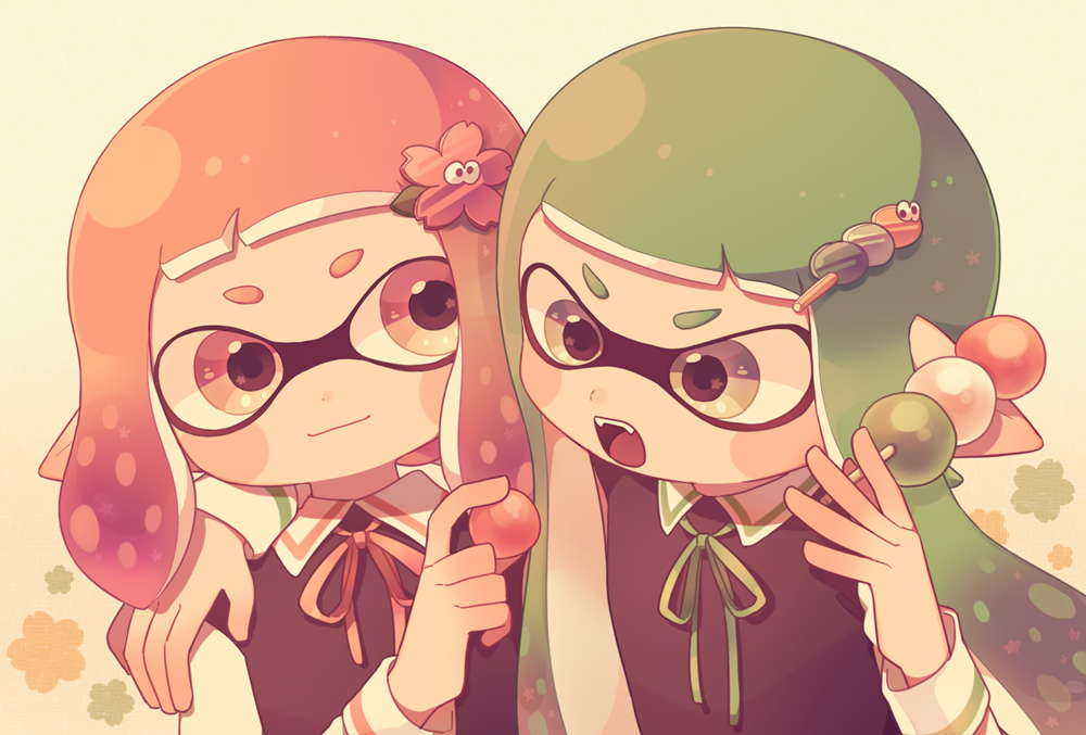 2girls, black_vest, blush_stickers, closed_mouth, collared_shirt, commentary_request, dango, dango_hair_ornament