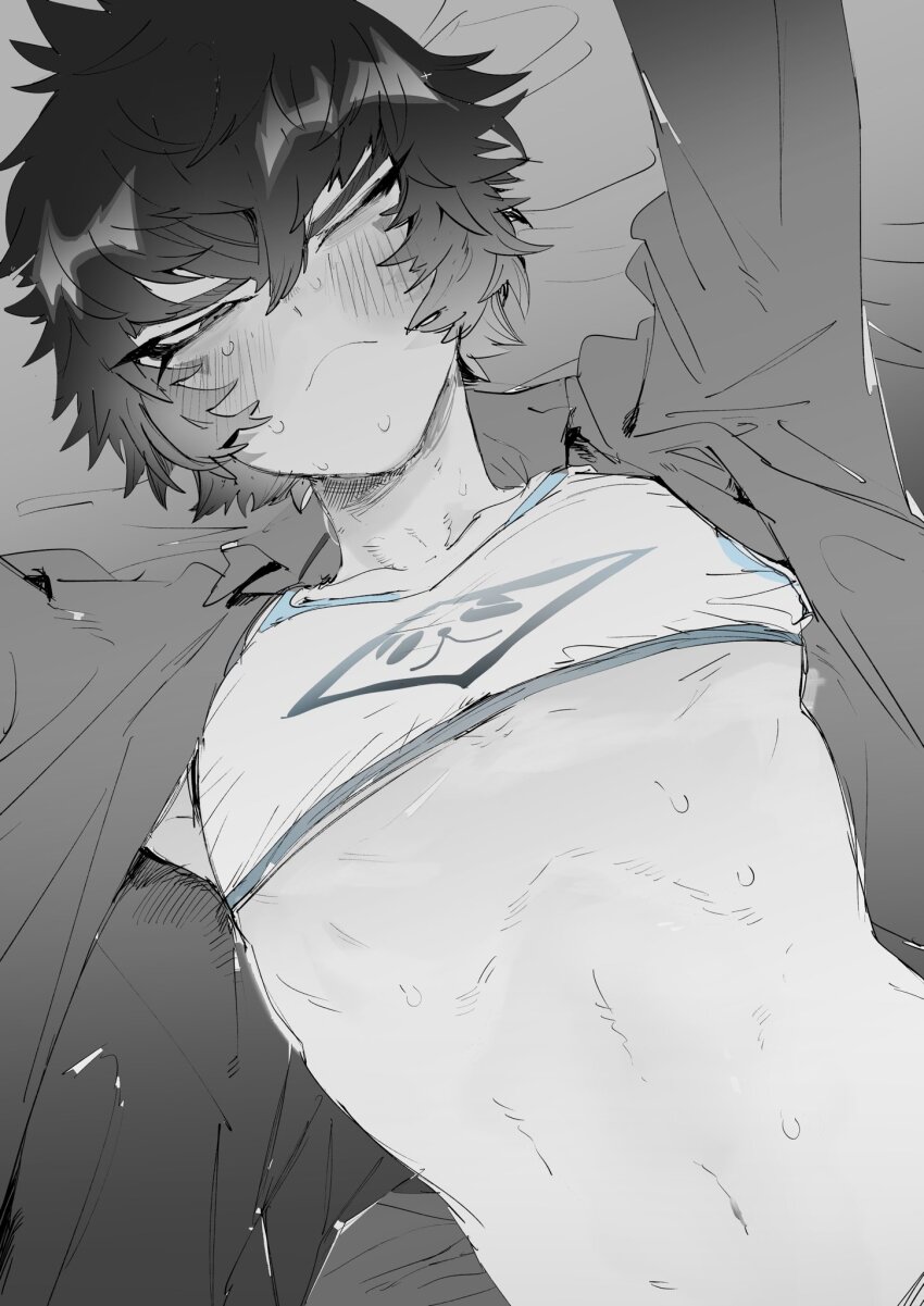 1boy, animal_print, bear_print, bed_sheet, blush, closed_mouth, collarbone, collared_shirt