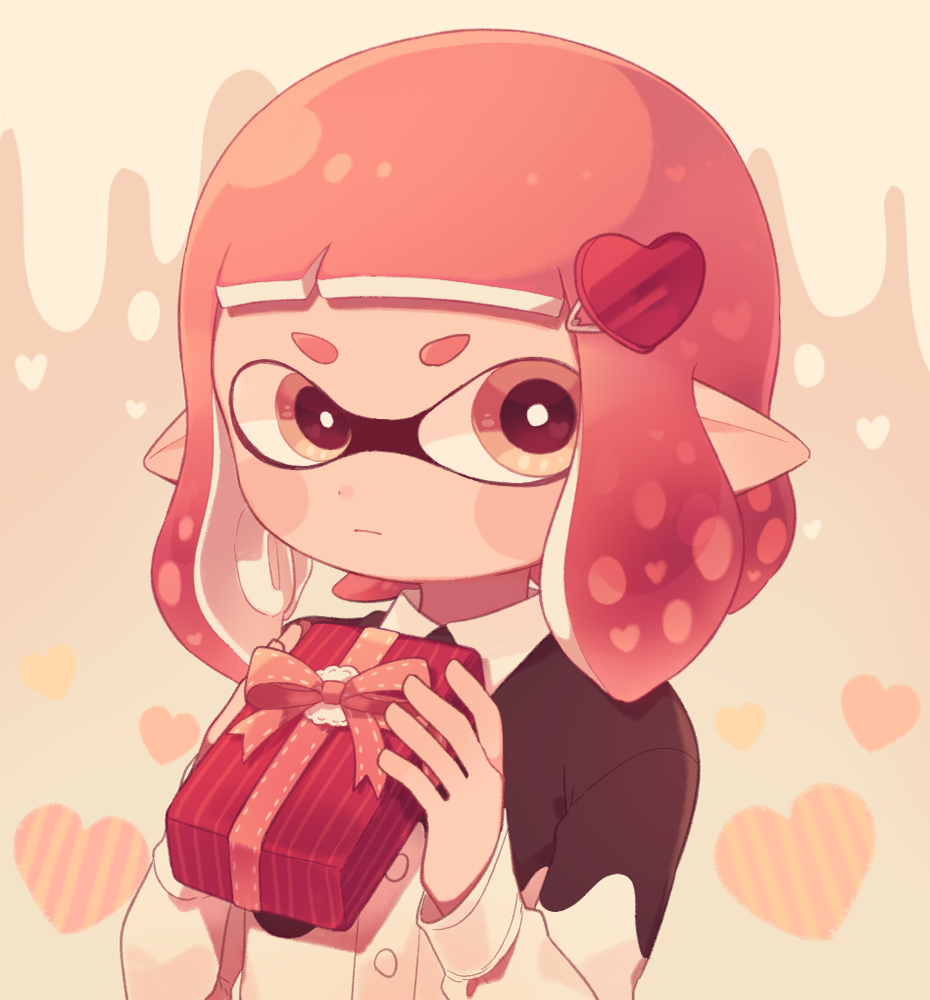 1girl, black_shirt, blunt_bangs, blush_stickers, box, brown_background, closed_mouth, collared_shirt