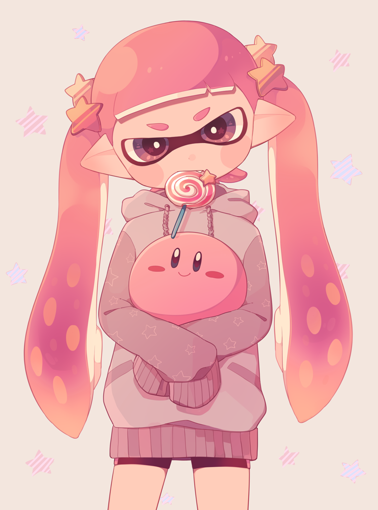 1girl, bike_shorts, black_shorts, blunt_bangs, blush_stickers, candy, commentary_request, cowboy_shot, creature, crossover, drawstring, eating, fang, food, food_in_mouth, grey_background, grey_hoodie, hair_ornament, holding, holding_creature, hood, hood_down, hoodie, inkling, inkling_girl, inkling_player_character, invincible_candy, kirby, kirby_(series), lollipop, long_hair, long_sleeves, ma-to, mouth_hold, nintendo, pink_hair, pointy_ears, purple_eyes, shorts, sleeves_past_fingers, sleeves_past_wrists, solo, splatoon_(series), star_(symbol), star_hair_ornament, star_in_eye, star_symbol_background, swirl_lollipop, symbol_in_eye, tentacle_hair, twintails
